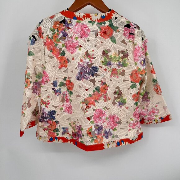 Michael Simon Floral Lace Silk Trim Jacket Size P L Orange Red Sheer Lightweight - Picture 3 of 16